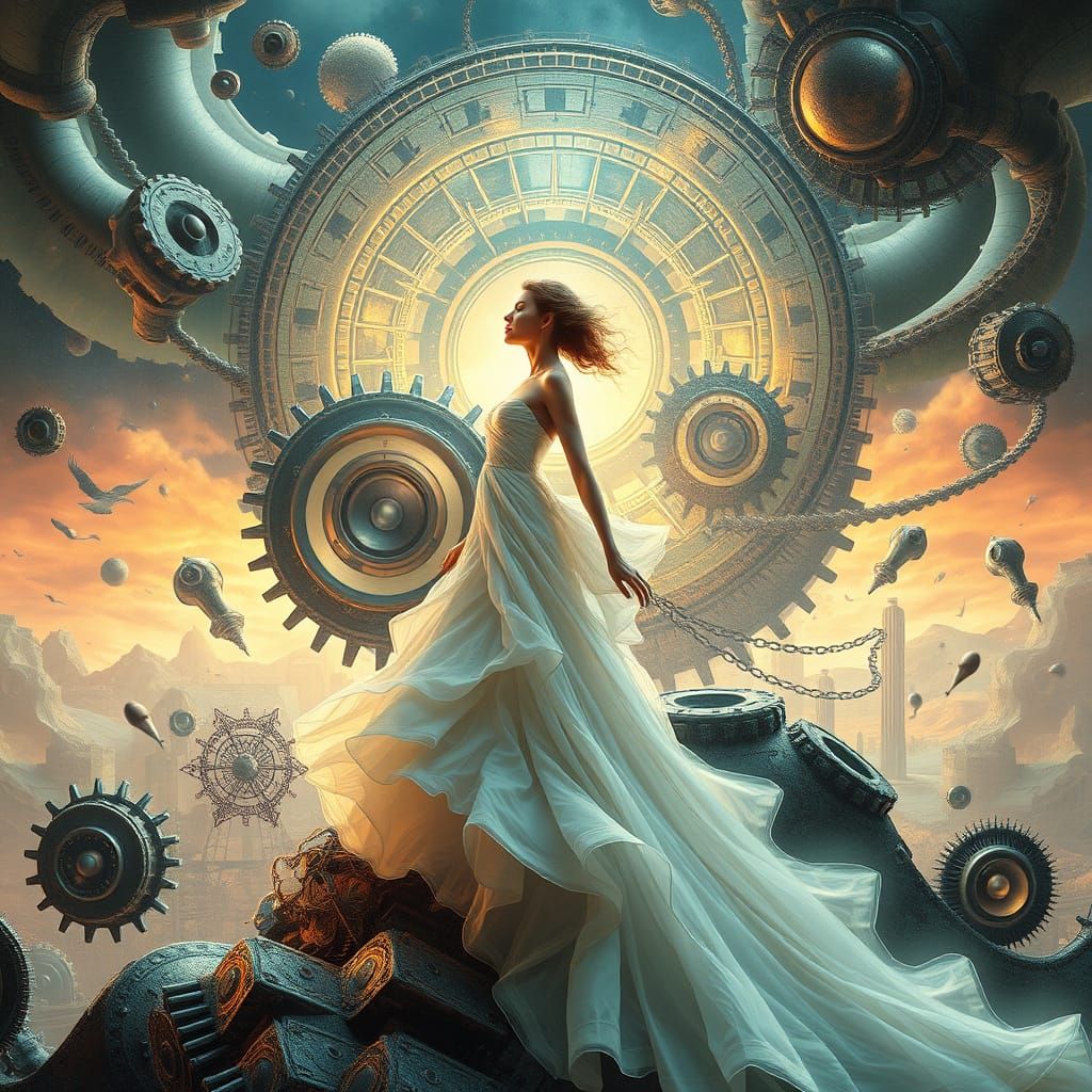 Surreal Dreamscapes with Serene Woman in Futuristic, Industr...