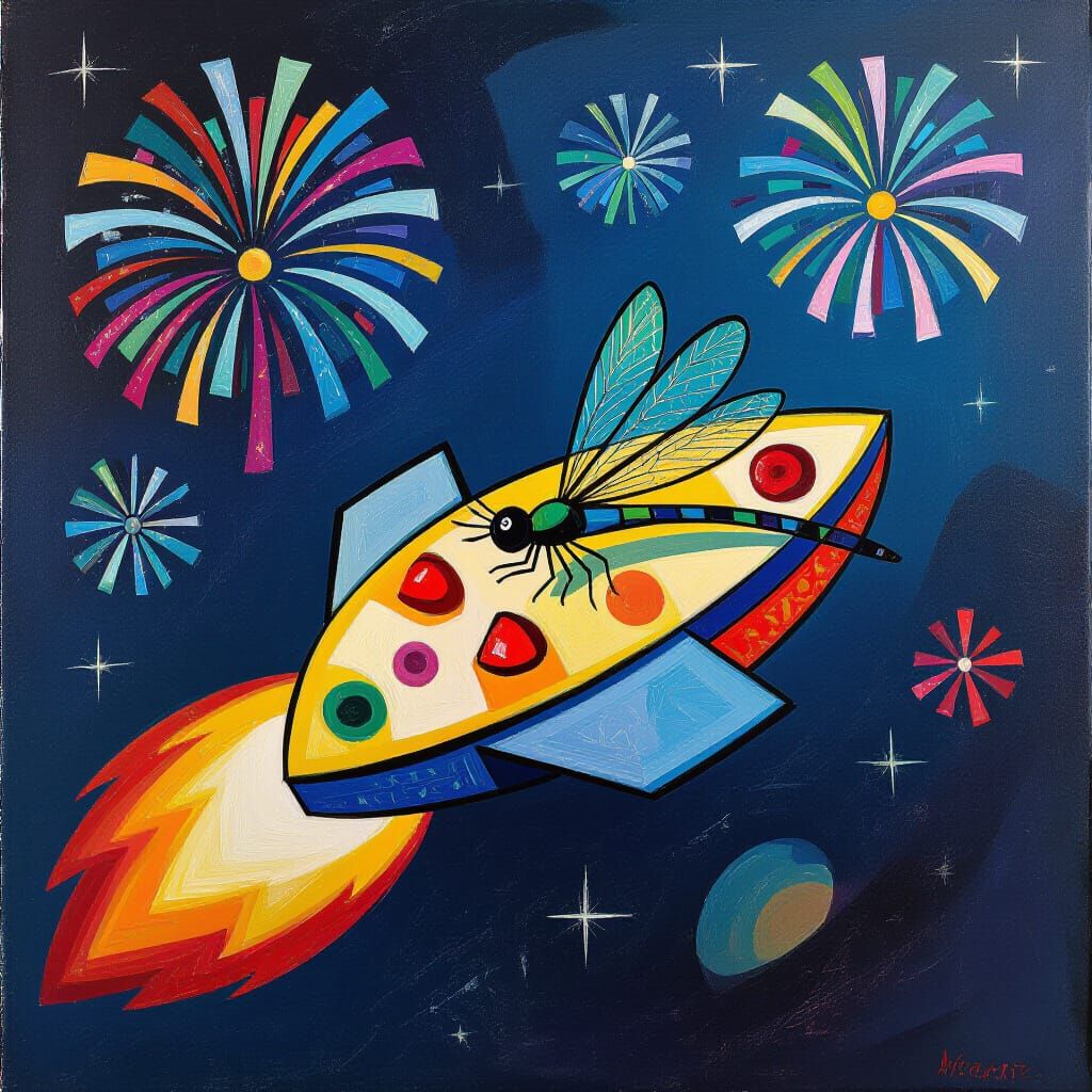 Dragonfly Lands on Spaceship Amidst Blue Fireworks