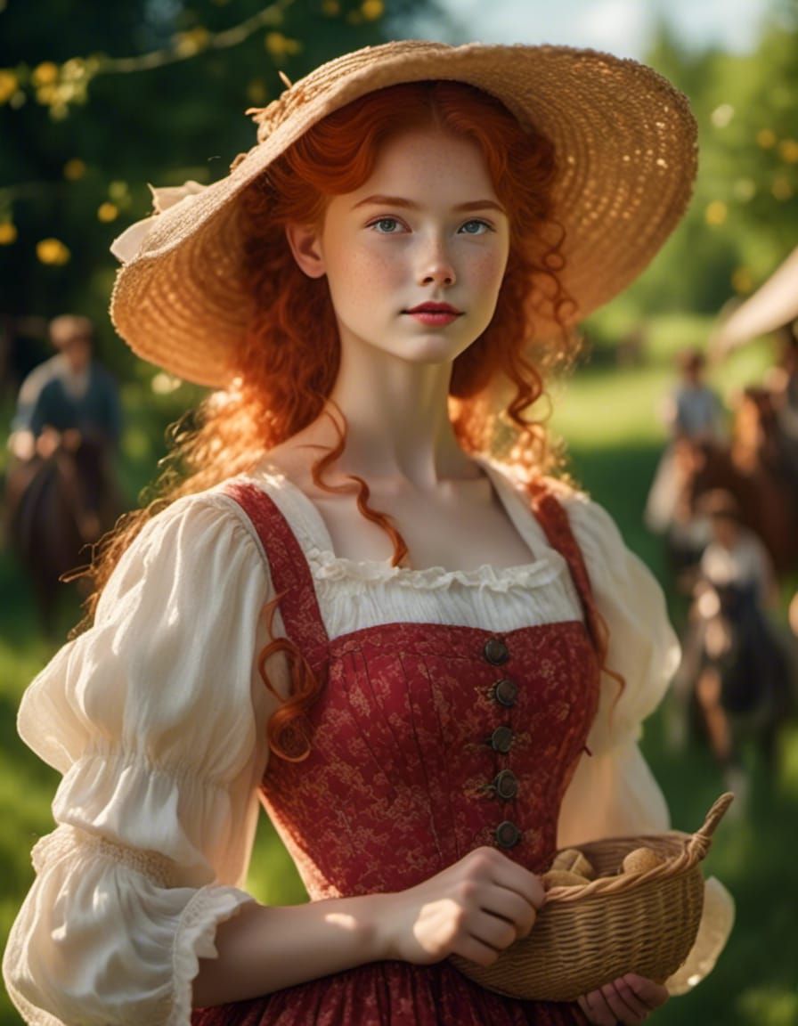 <lora:MakeItPretty:1.1> coquettish looking redhead milkmaid girl, 8K, sharp focus, perfect weather