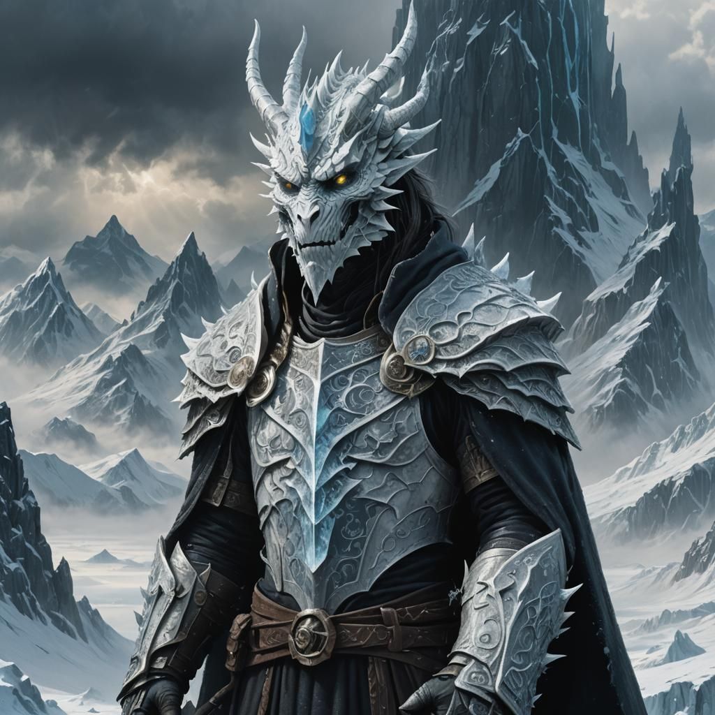 Icy Dragonborn Sorcerer in a Surreal Fantasy Landscape