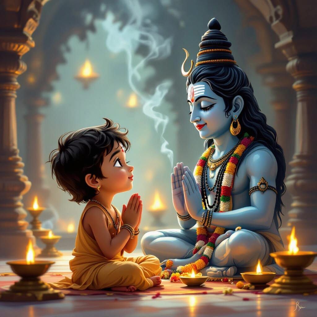 Devotional Boy Praying to Lord Shiva in Temple
