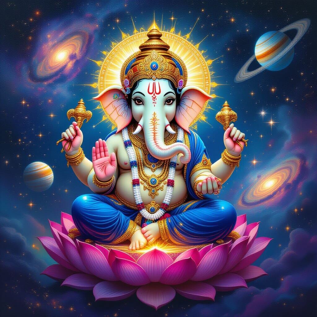 Celestial Lord Ganesha in Cosmic Surrealism Style