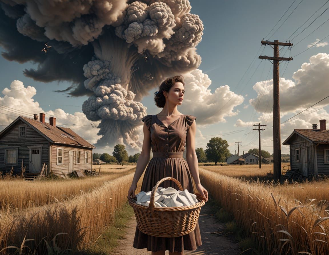 Surreal Nuclear Picnic with Vintage Muscle Babe