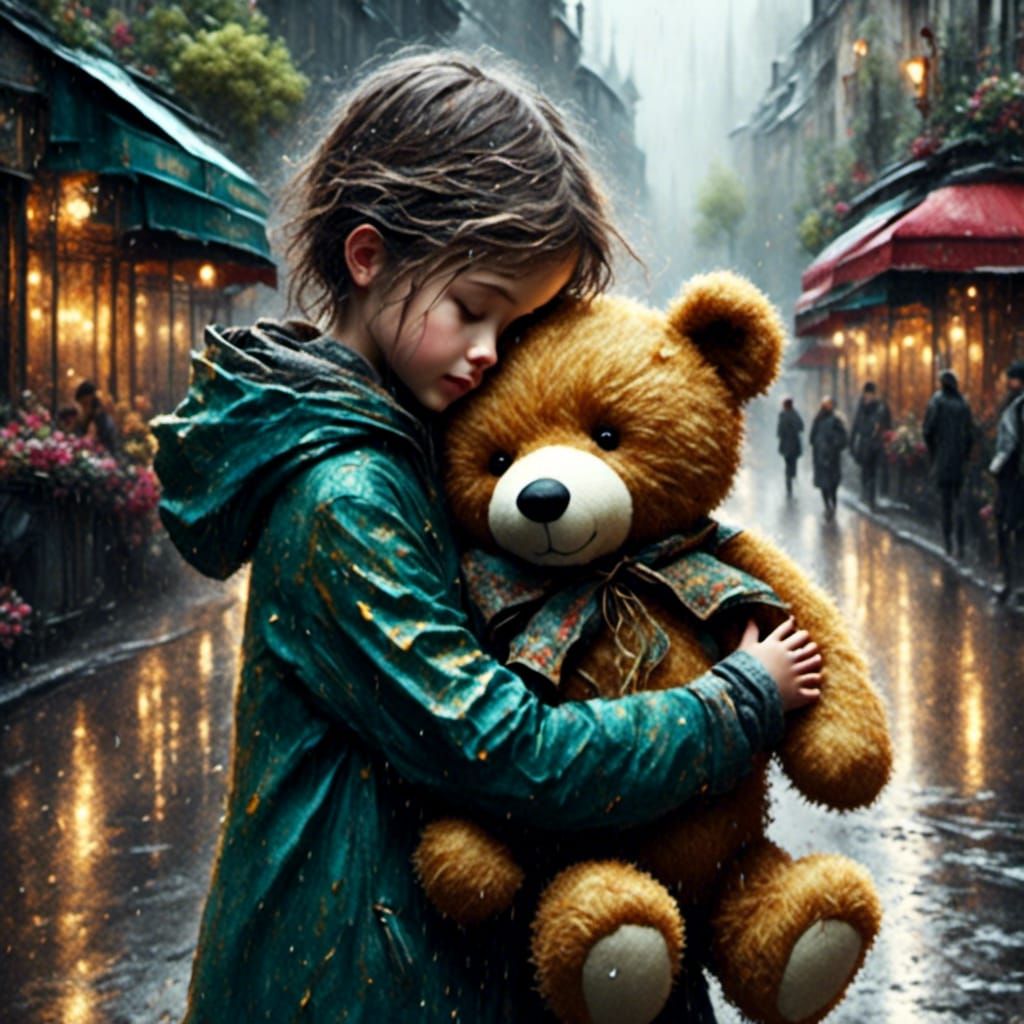 Sad Child Hugging Teddy Bear in Rainy Street