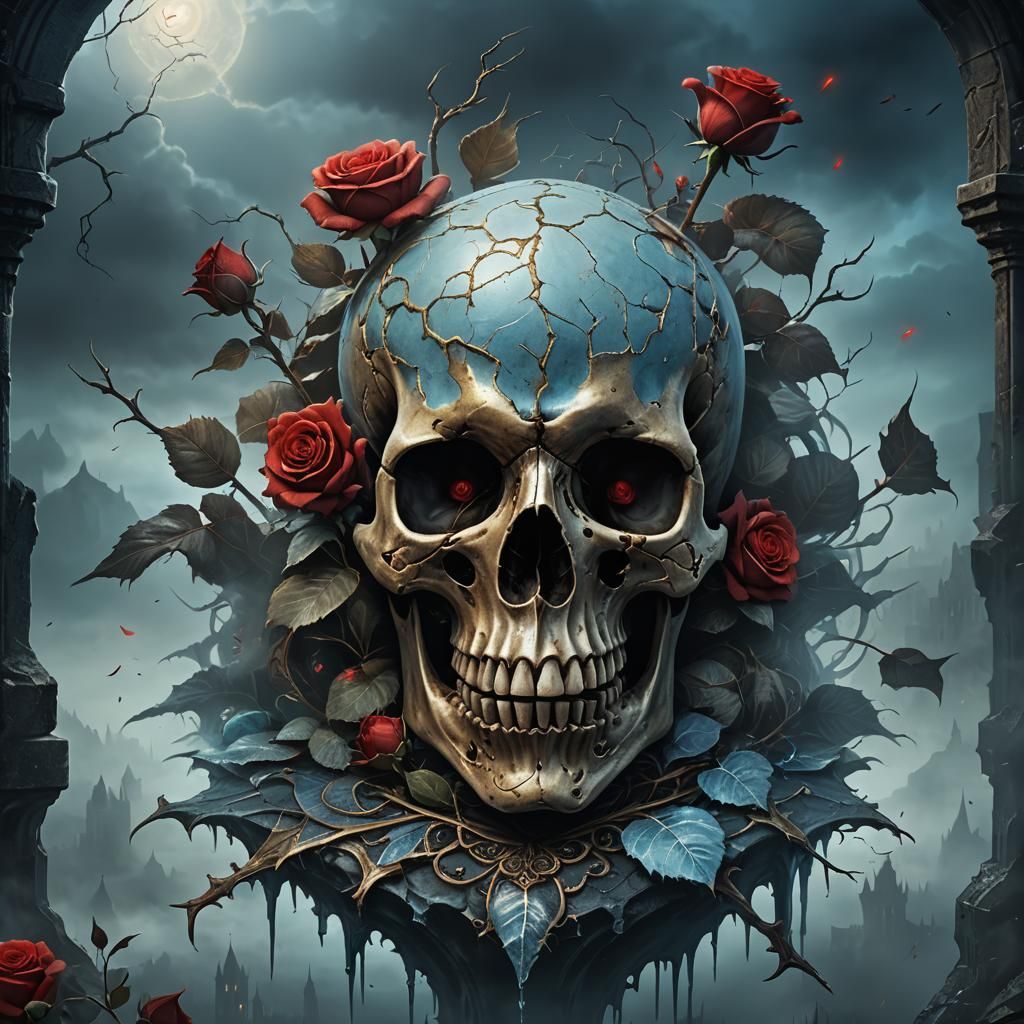 Gothic Skull with Rose: Dark Fantasy Digital Art