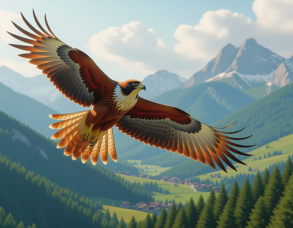 Majestic Red Falcon Soaring Over Valley in Digital Art