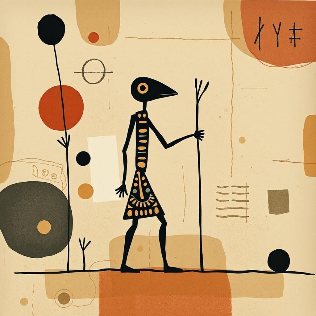 layered collage art folk culture hieroglyphic stick-figure c...