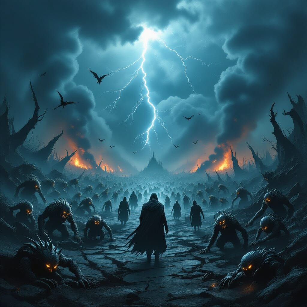 Nightmarish Landscape with Monsters and Twisted Humans