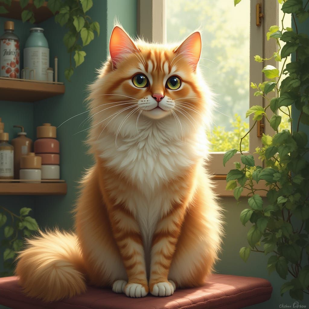 Elegant Longhaired Cat in Whimsical Grooming Salon