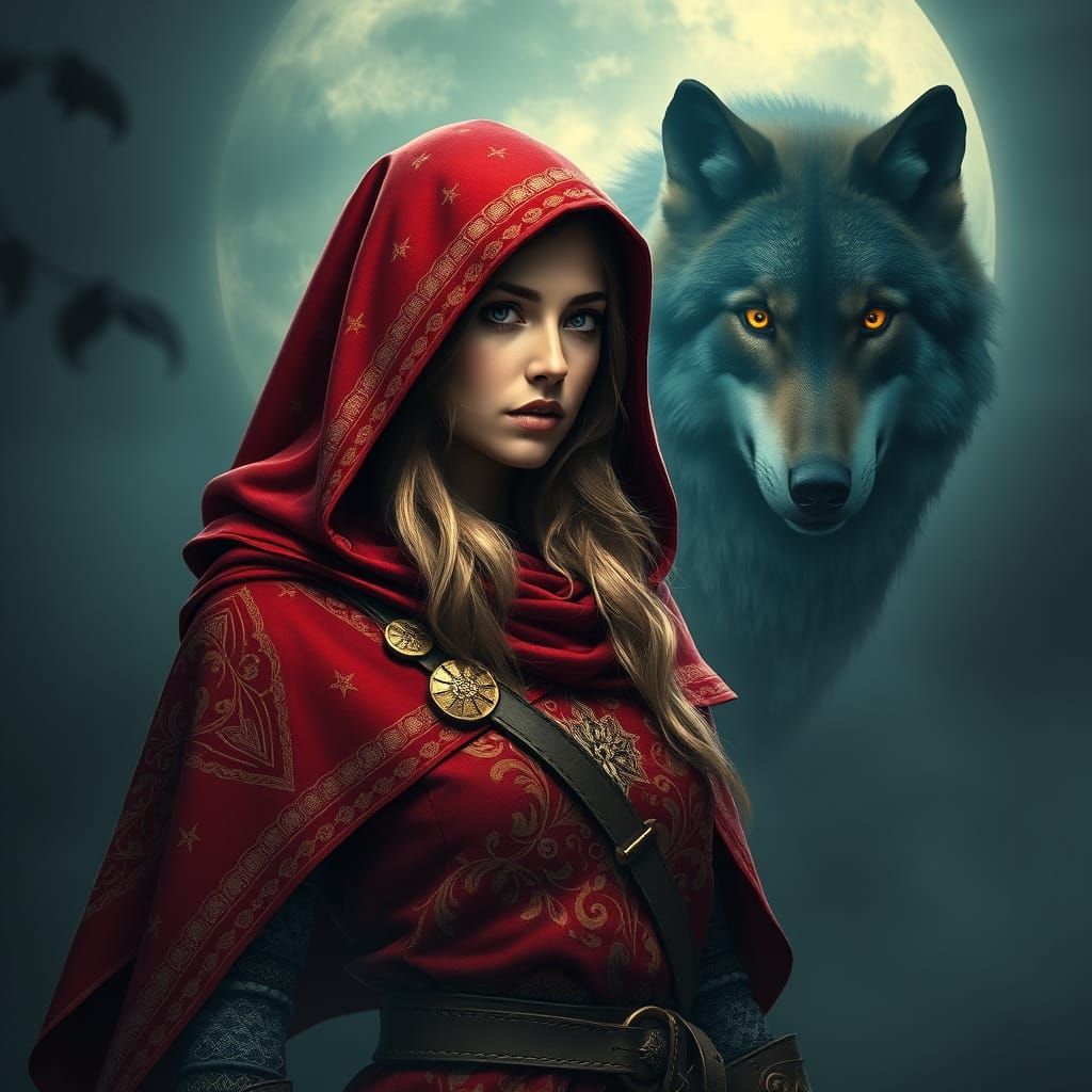 Fearless Warrior in Crimson Cloak Confronts Moonlit Shadows