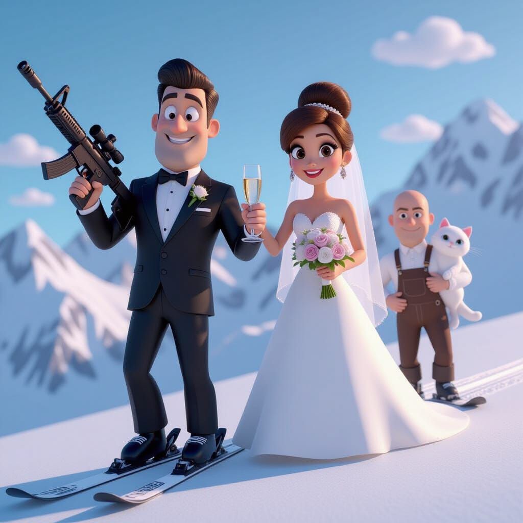 Espionage Wedding on Skis in Pixar Style