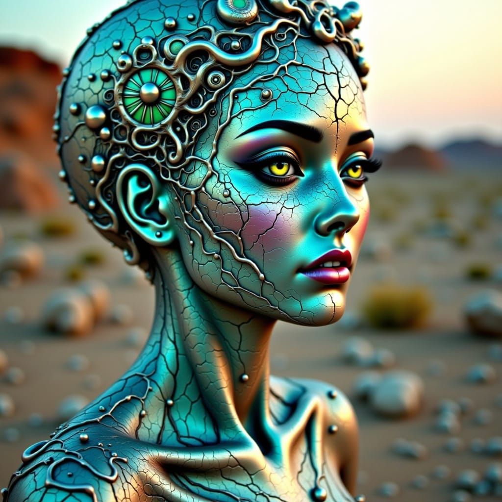 Ethereal Cyborg Woman with Bioluminescent Tiara