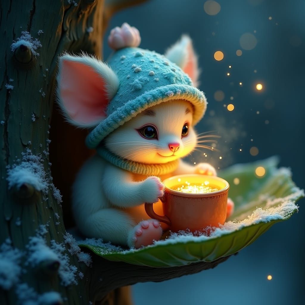 Magical Winter Creature with Fluffy Fur and Glowing Tea