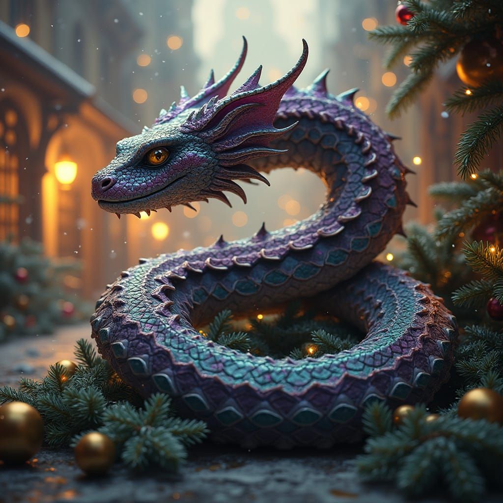 Majestic Iridescent Christmas Serpent Amidst Golden Holiday....