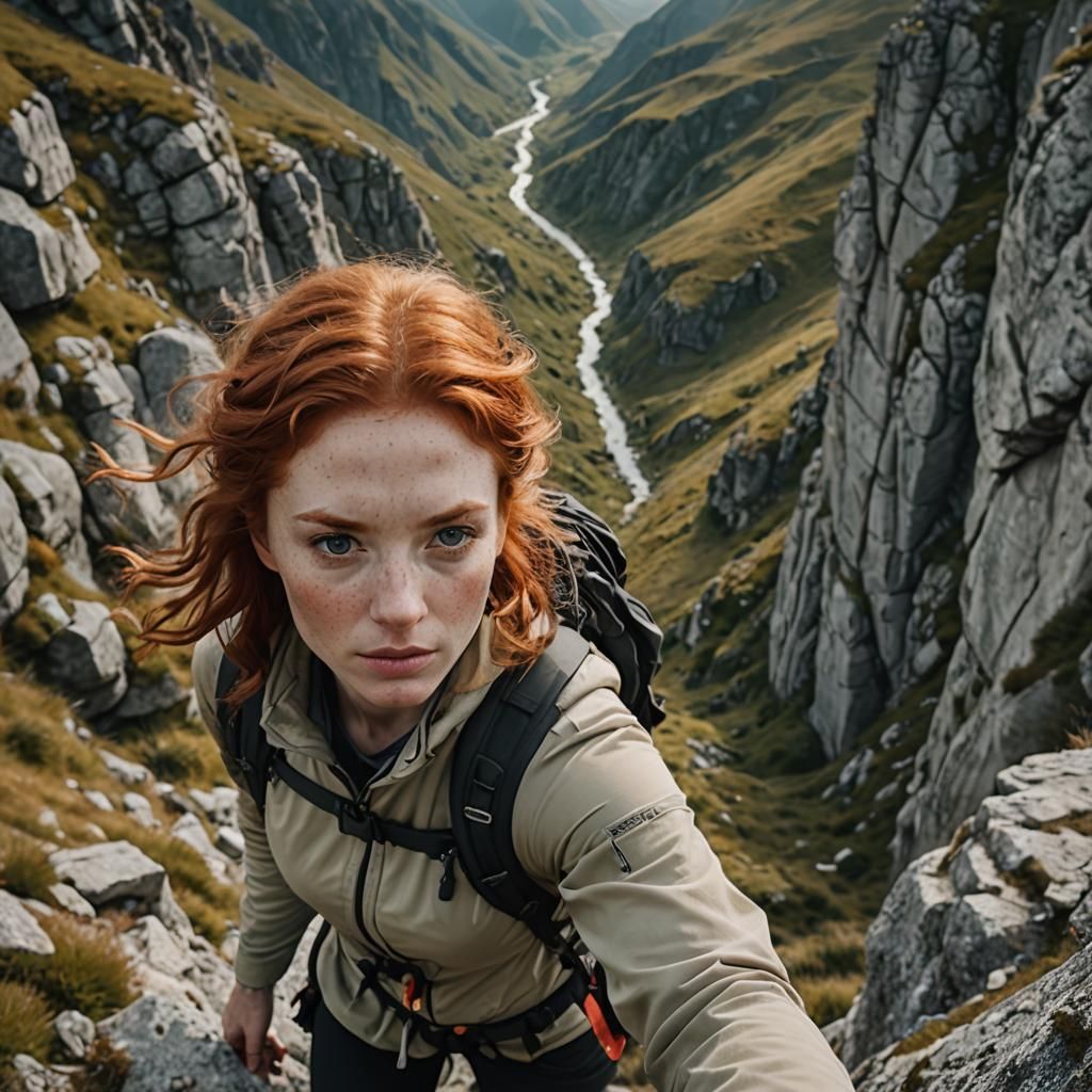 Redhead Girl on Mountain Hike in Film Style