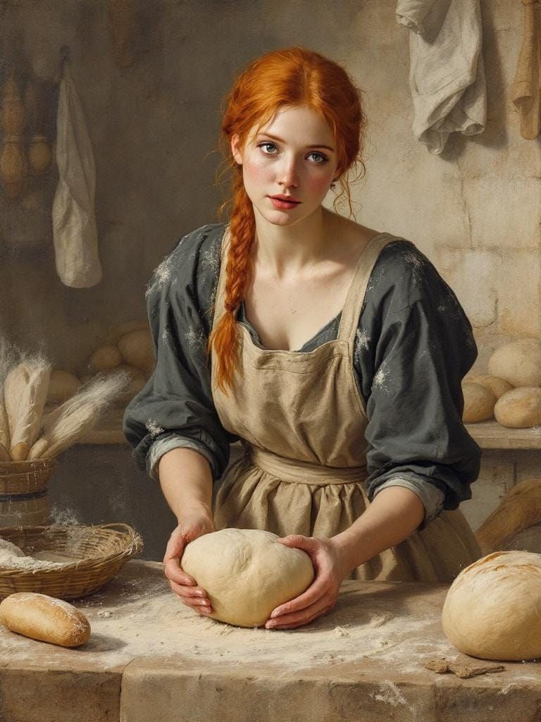 Redhead Baker Kneading Dough as Fresco Painting