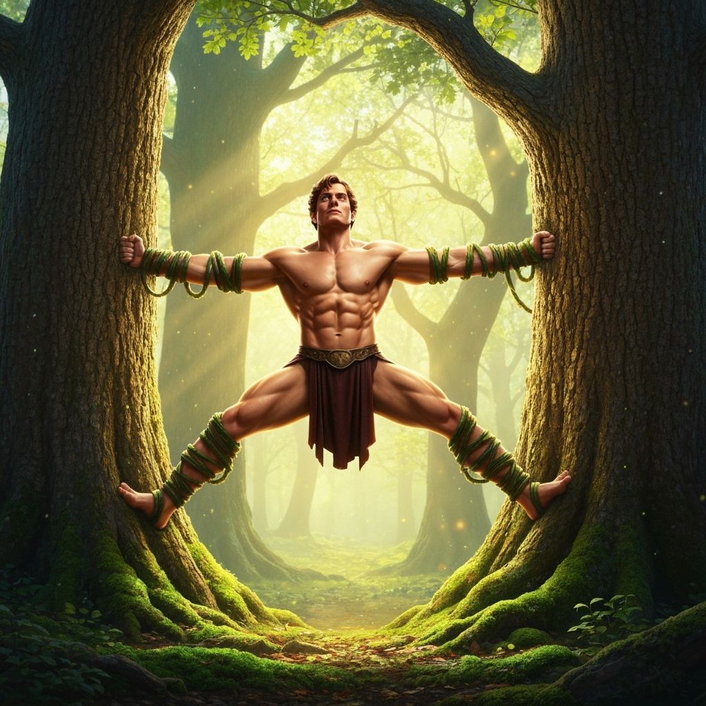 Muscular Theseus Tied Between Trees in Ethereal Forest