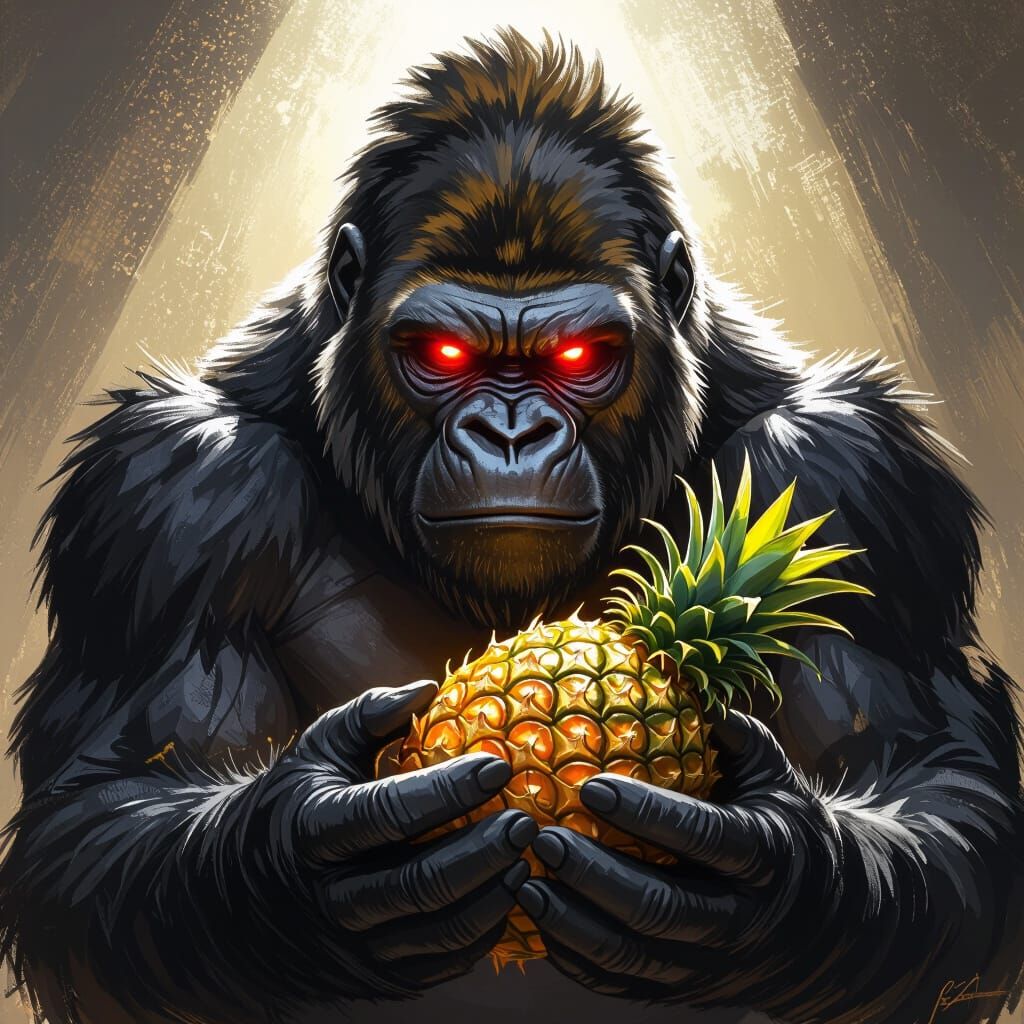 Gorilla With Glowing Red Eyes And Gold Fur Holding Pineapple