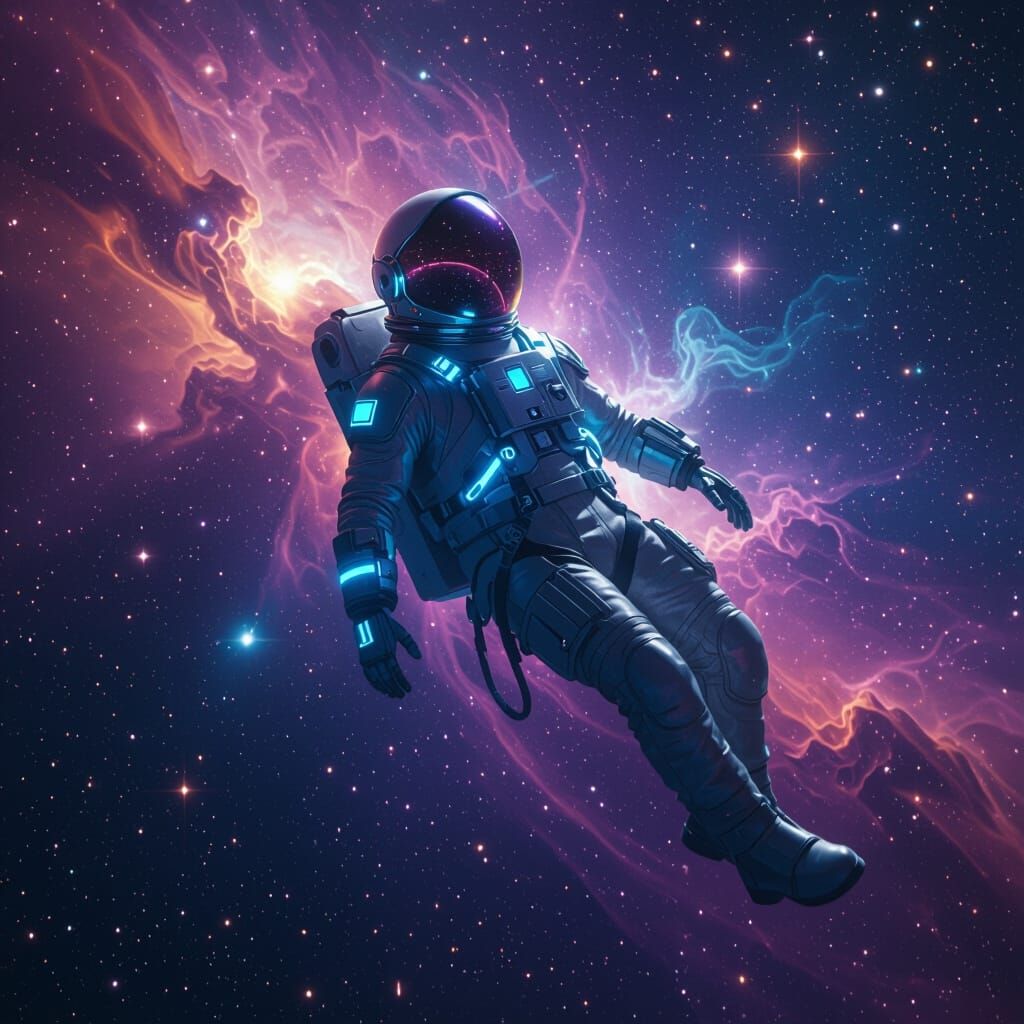 Astronaut Adrift in Vibrant Nebula, Epic Sci-Fi Art