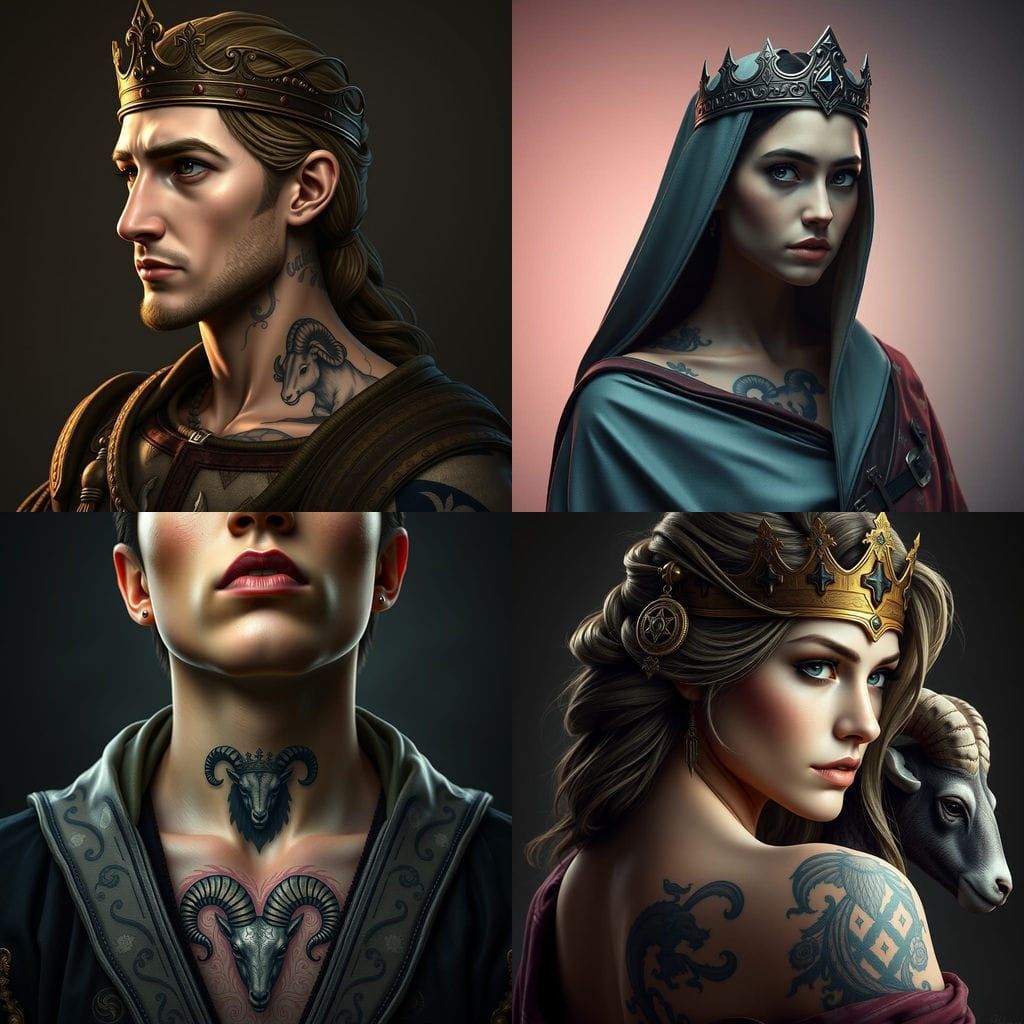 Medieval Ram Tattoo with Crown: Hyperdetailed Portrait