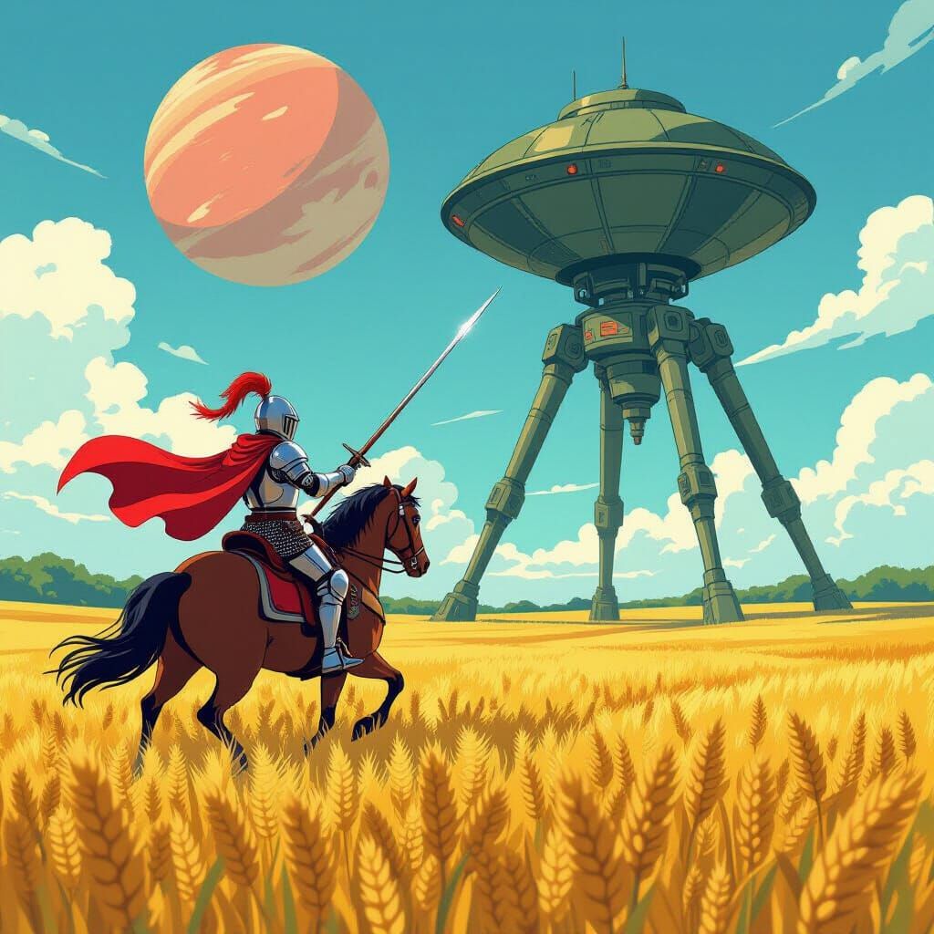 Don Quixote Confronts Martian Tripod in Anime Style
