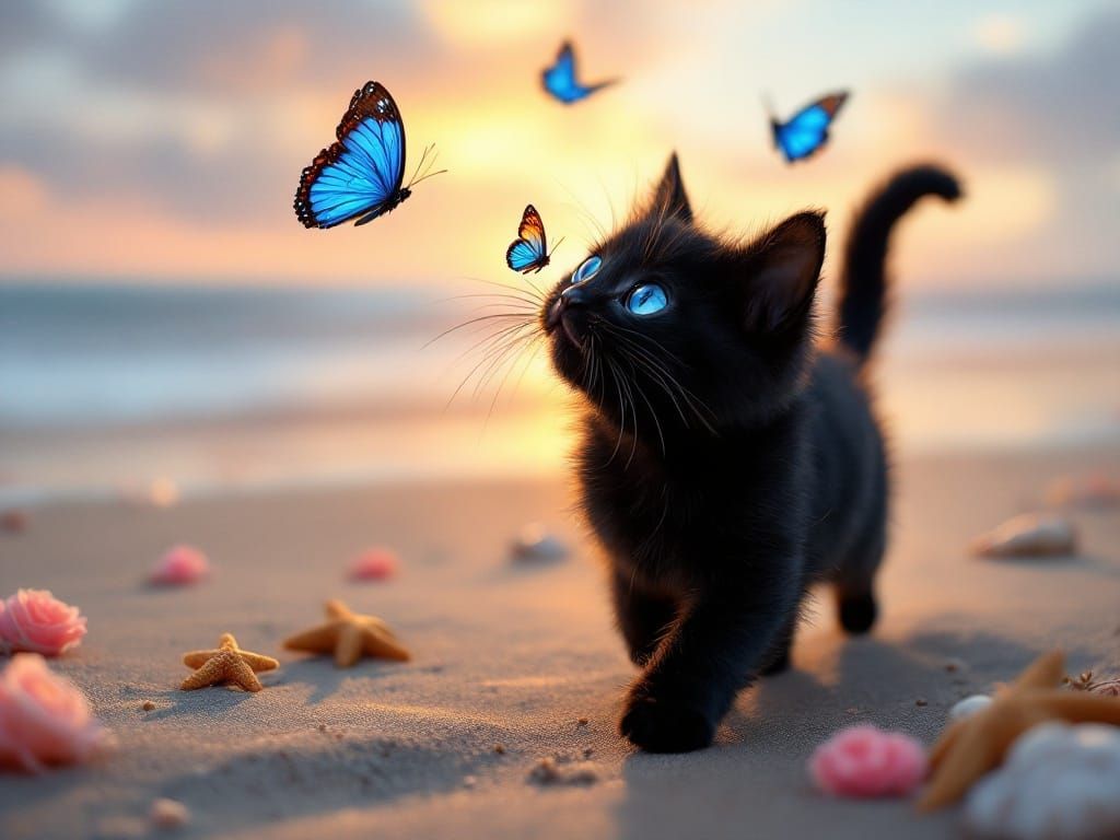 Majestic Black Kitty Chases Vibrant Butterflies on Sunset Be...
