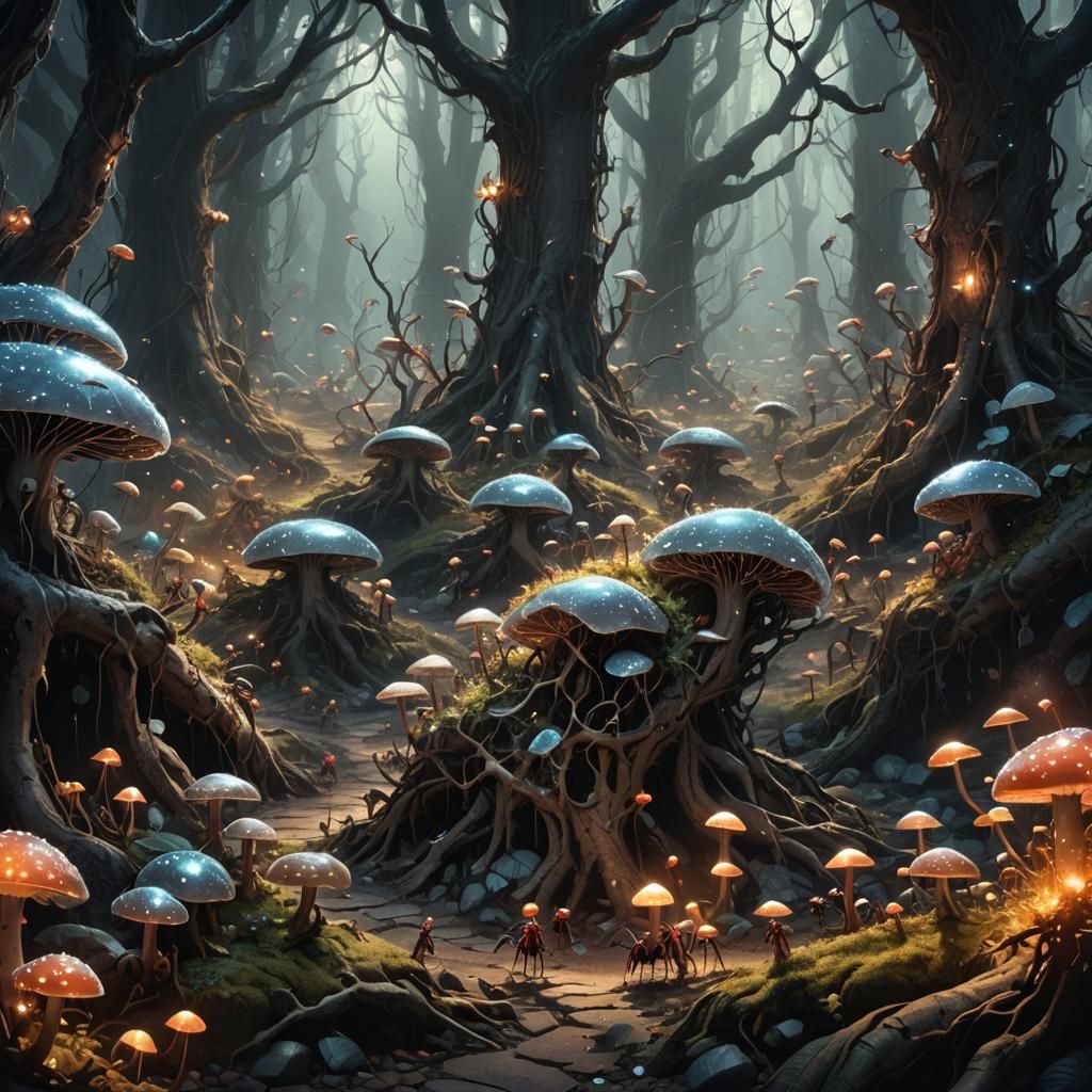Mystical Ant Army in Crystalline Forest: Concept Art