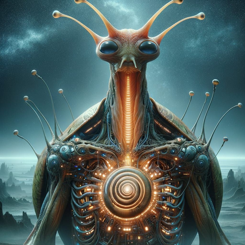 Alien Hybrid with Snail Characteristics in a Sci-Fi Landscap...