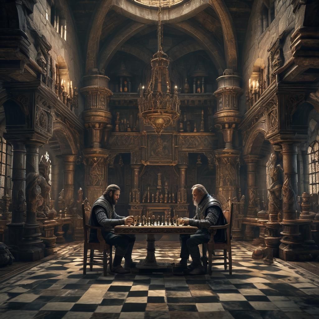 two men, kings, sitting in front of a chess board in a hall ...