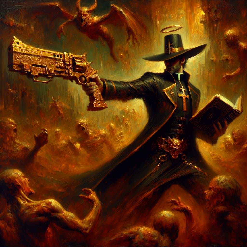 Heroic Priest Battles Demons in Gritty Impasto Painting