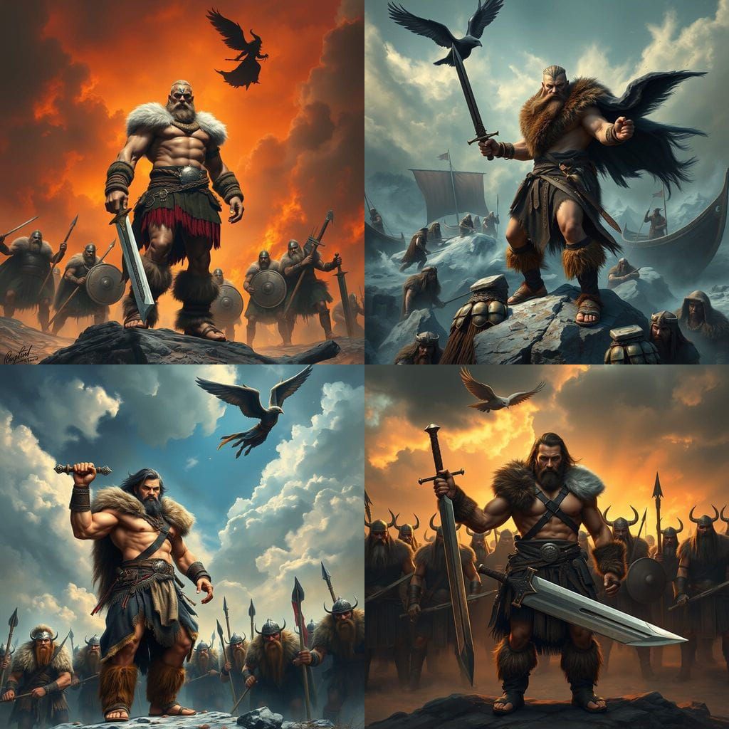 Muscular Barbarian Warrior in Fur Tunic Surrounded by Viking...