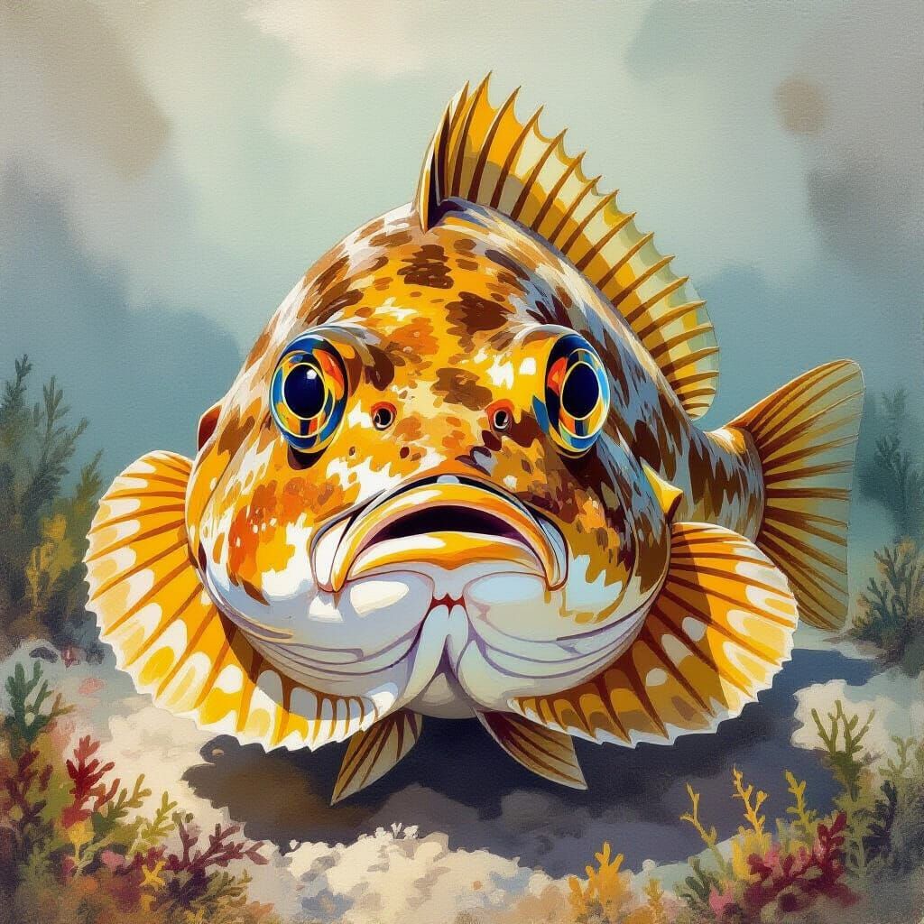 Detailed Gouache Painting of a Large Flounder with Big Eyes