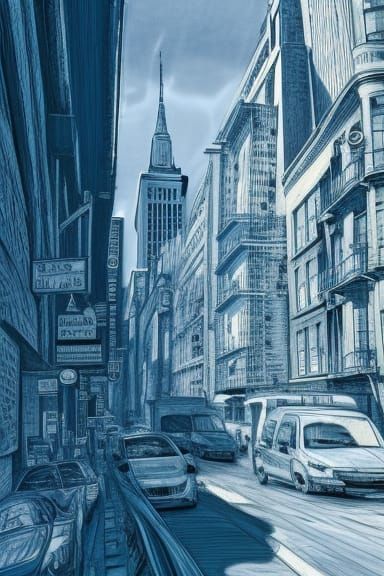 Hyperrealistic Blue Ink Sketch of New York City