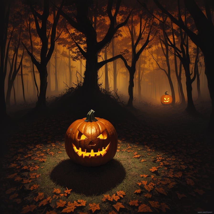 Glowing Jack-o-Lantern in Dark Autumnal Forest - Expressioni...