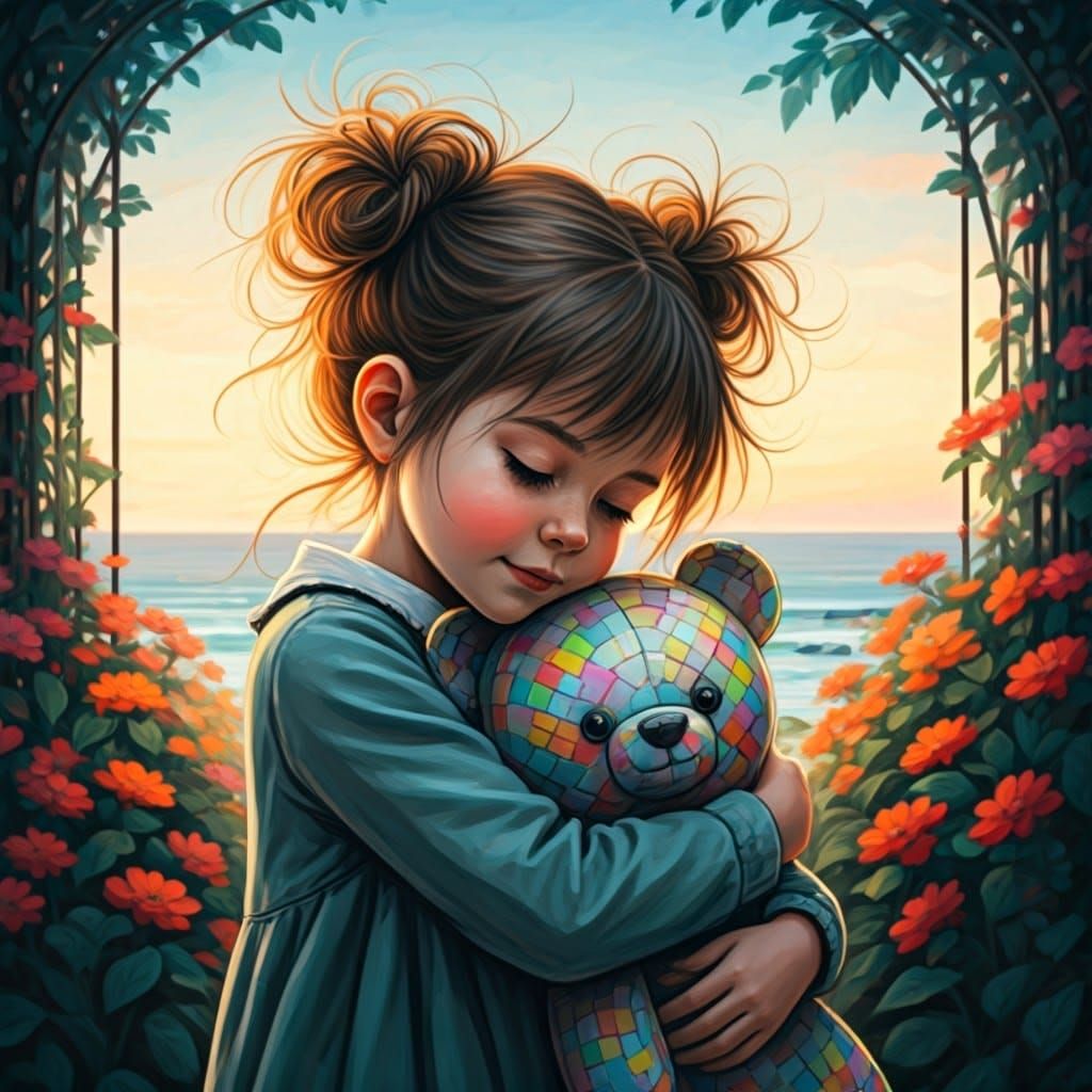 Girl Hugging Rainbow Teddy Bear: Rembrandt-Style Sketch