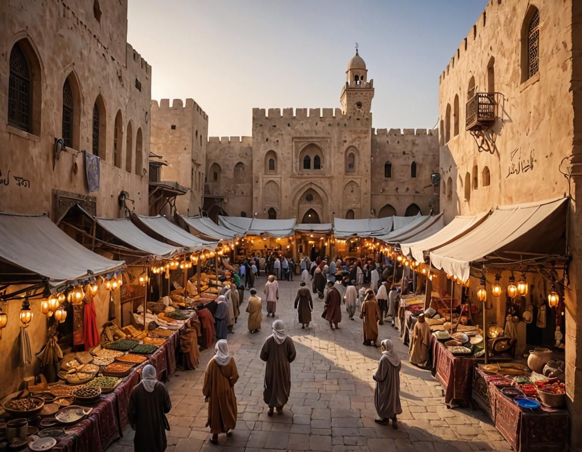 Bustling Medieval Arabic Market in Folk Art Style