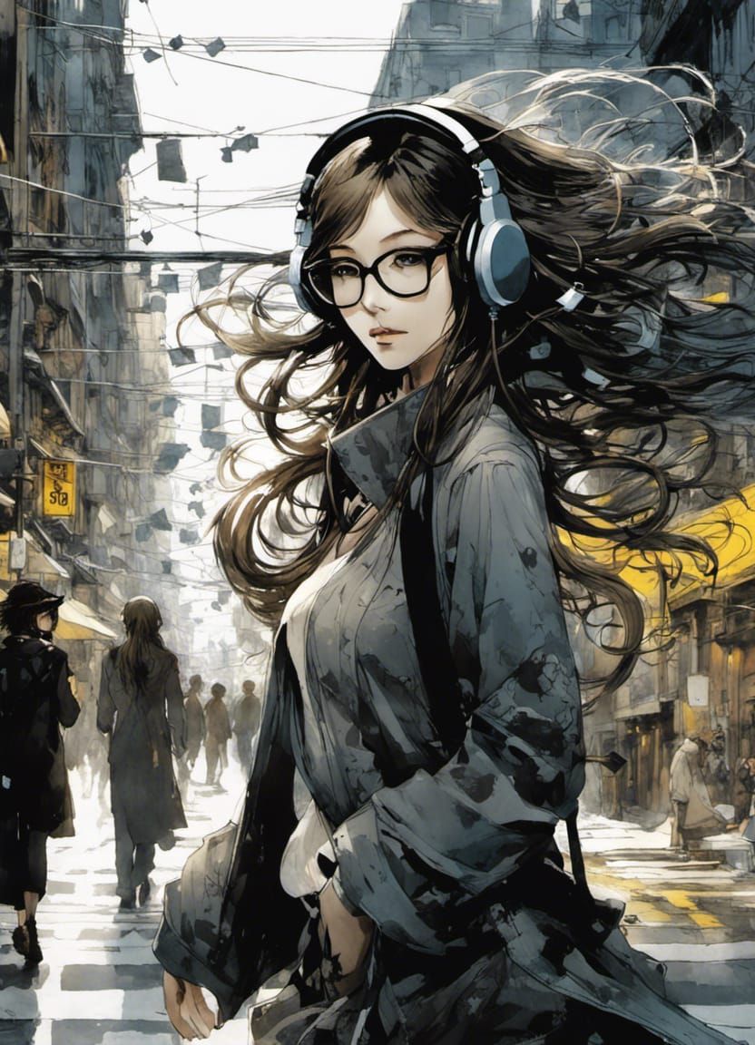 Woman Listening to Music in Digital Art