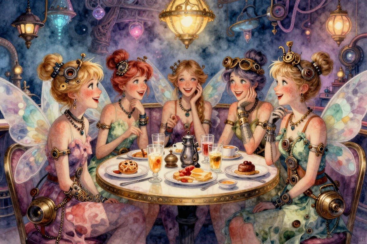 Steampunk Fairies Breakfast in Bioluminescent Diner