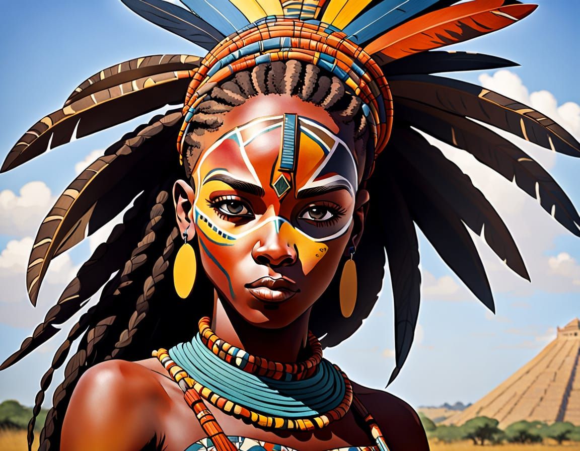 Bantu Huntress in Dynamic Cubist Style