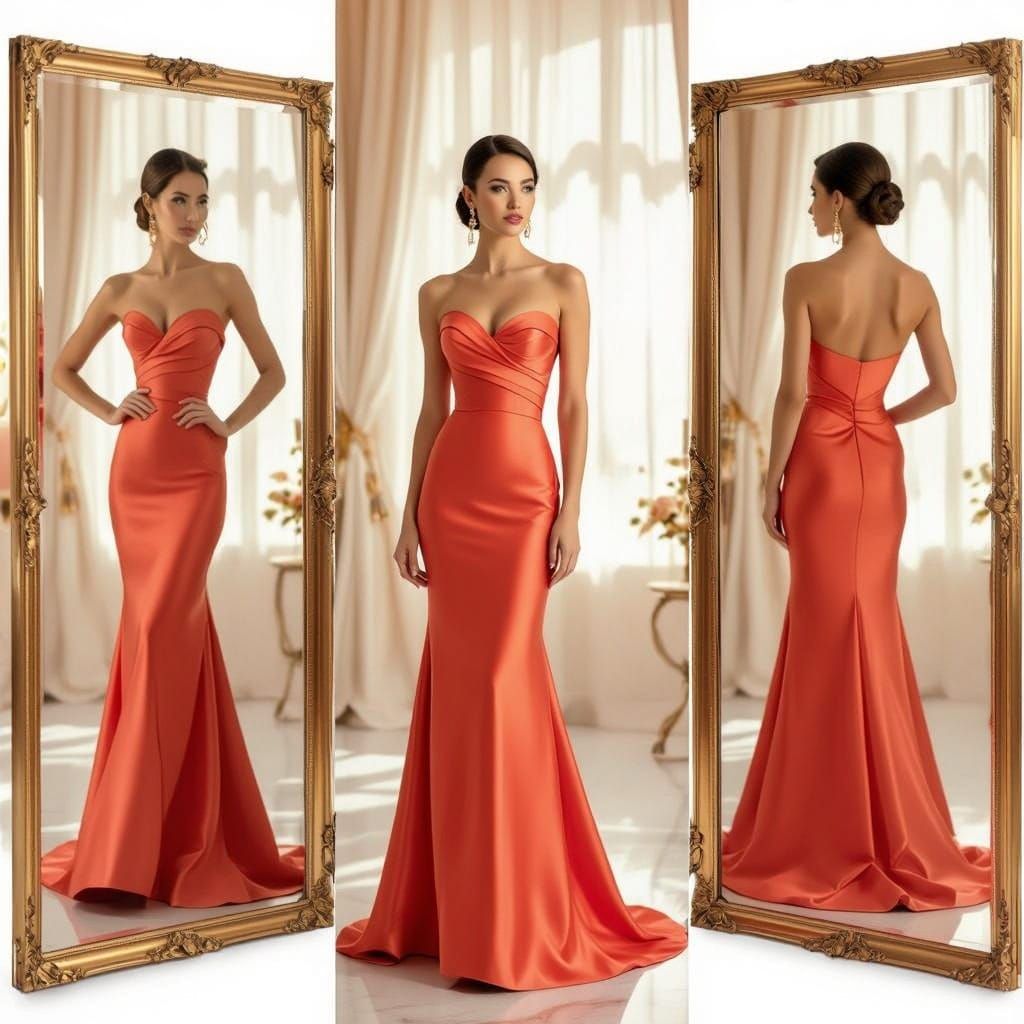 Elegant Woman in Coral Silk Cocktail Dress