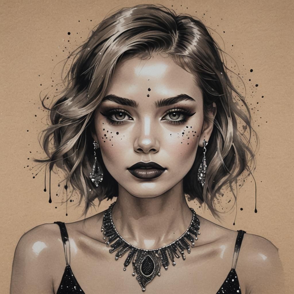 Woman with Glitter Tears in Charcoal Drawing Style