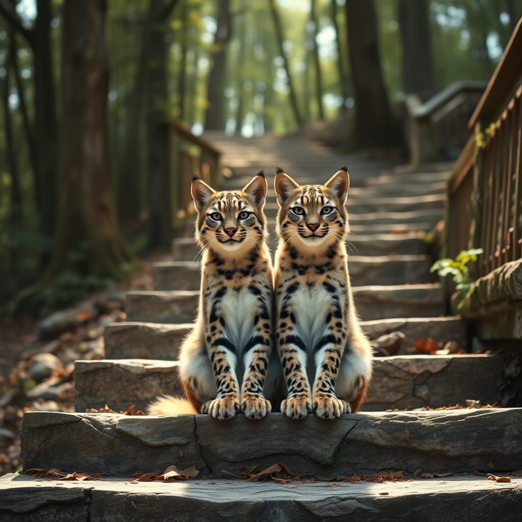 Bobcats on Abandoned Stone Staircase in Forest