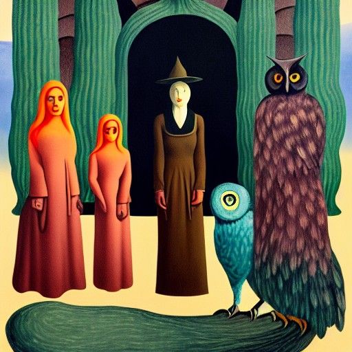 The Witch and Her Familar. Gouache, Magritte, liminal space,...