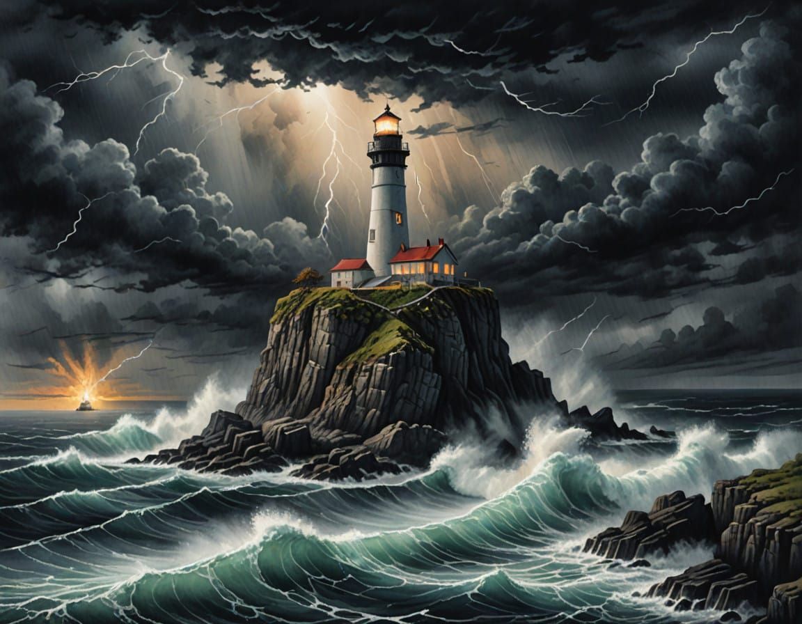 Stormy Lighthouse Scene in Dramatic Watercolor Style