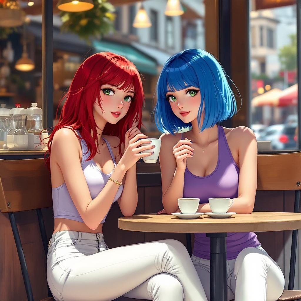 Anime Girls at Coffee Shop in Cel-Shaded Style