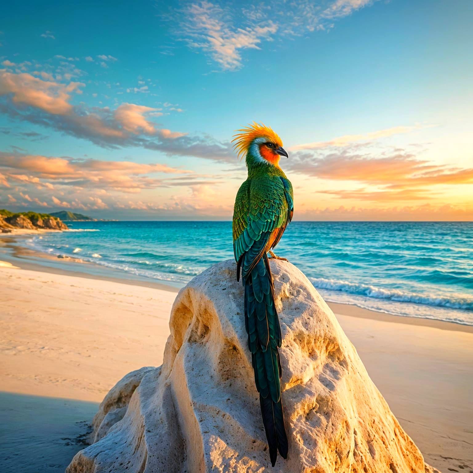 Elegant Bird Perches on Seaside Stone in Paradise