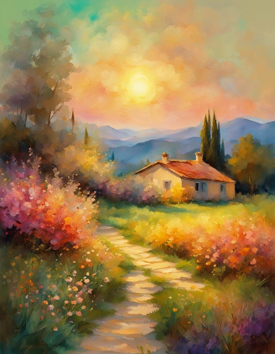 Greek Countryside Scene in Dreamy Watercolor Style
