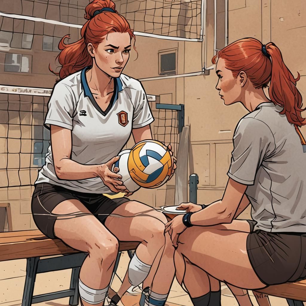 Volleyball Athlete and Coach in Comic Book Style