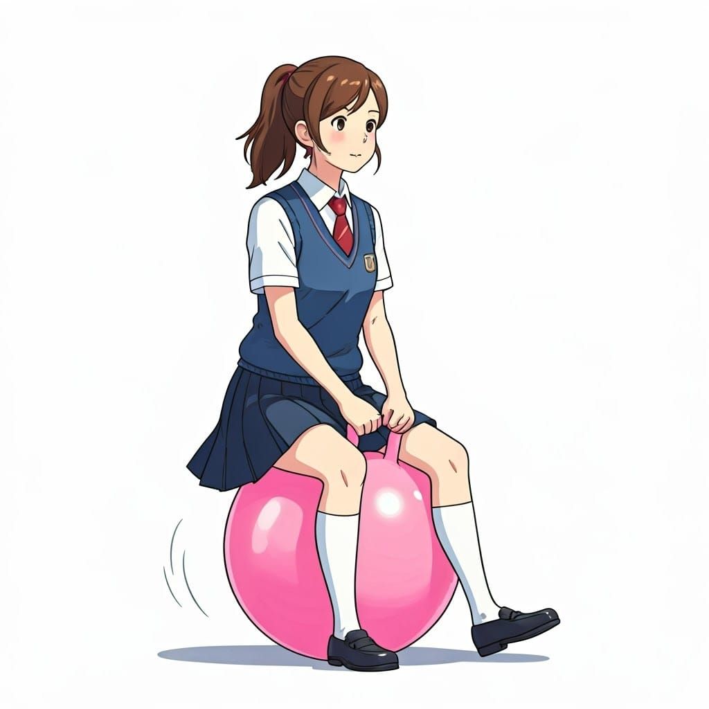 Schoolgirl Bouncing on Pink Hopper Ball, Ghibli Style