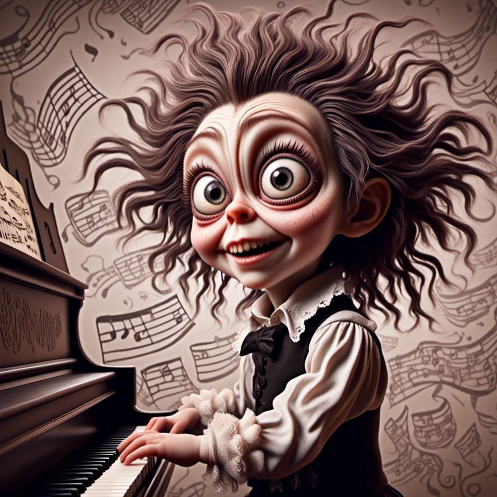 Baby Beethoven Caricature Playing Piano in Hyperrealism